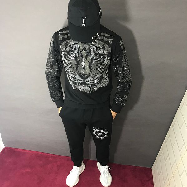 

hip mens rhinestone beading tiger black sweatshirts t shirt fashion/studio/bling style