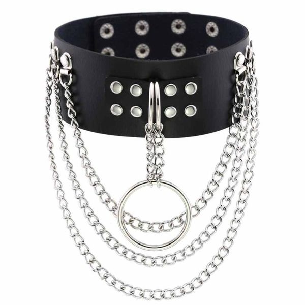 

chokers kmvexo punk multilayers chains collar big round metal leather bondage gothic jewellery women cage harness necklace, Golden;silver