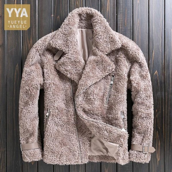 

winter sheep shearing motorcycle bikers jacket mens real fur natural wool cashmere coat fashion casual men outerwear streetwear, Black