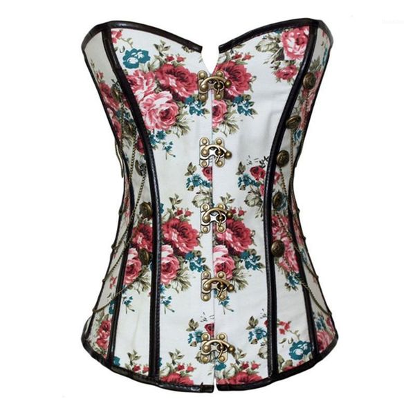 

bustiers & corsets floral gothic corset steampunk clothing with chains slimming waist fashion flower print big buttons corselet bustier s-xx, Black;white