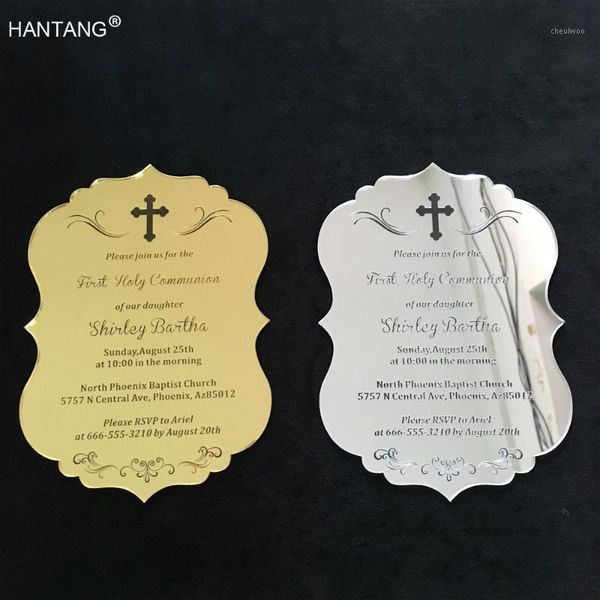 

50 pieces per lot 5x7inch silver mirror/golden mirror acrylic first holy communion invitation cards ship to australia only1