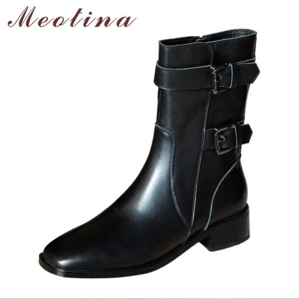 

meotina genuine leather ankle boots med heel women boots buckle thick heel short zip square toe female shoes black size 401