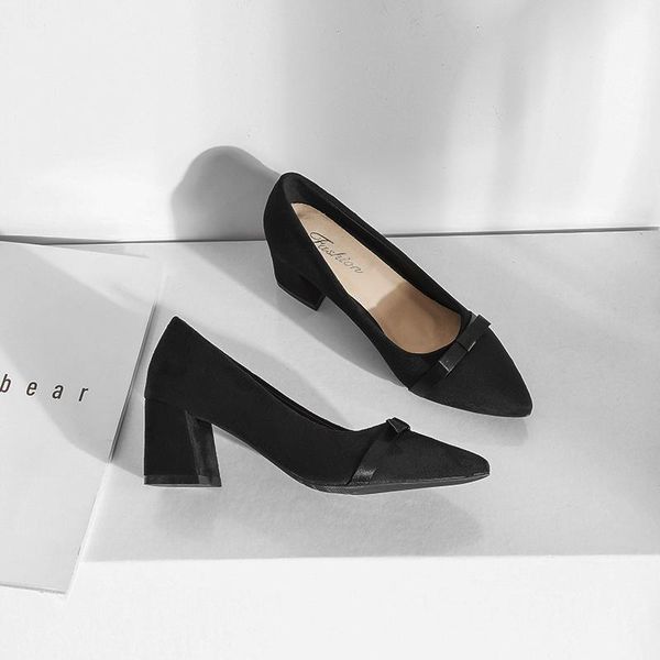

dress shoes women pumps high heels party slip on thick ladies bow shallow 2021 spring large size 34-40 u22-47, Black