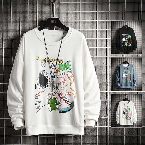 

2021 new men spring dinosaur embroidery pullovers sweatshirts mens 4 colors o-neck hoodies male fashion korean sweatshirt h0gm, Black