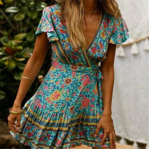

uk women v neck dress wrap summer boho floral paisley mini print dress ladies holiday beach casual floral, Black;gray