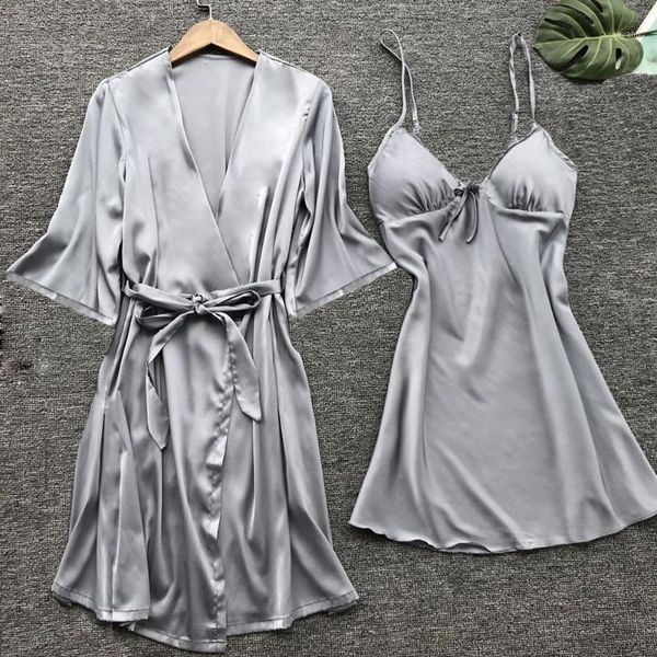 

women stain lace sleepwear set solid plus size long sleeve robe nightwear 2pc suits camisa noite mulher 2019 new y1, Black;red
