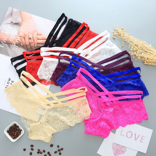

2021 women's solid color lace transparent tie cross low waist panties women new girls' underwear, Black;pink