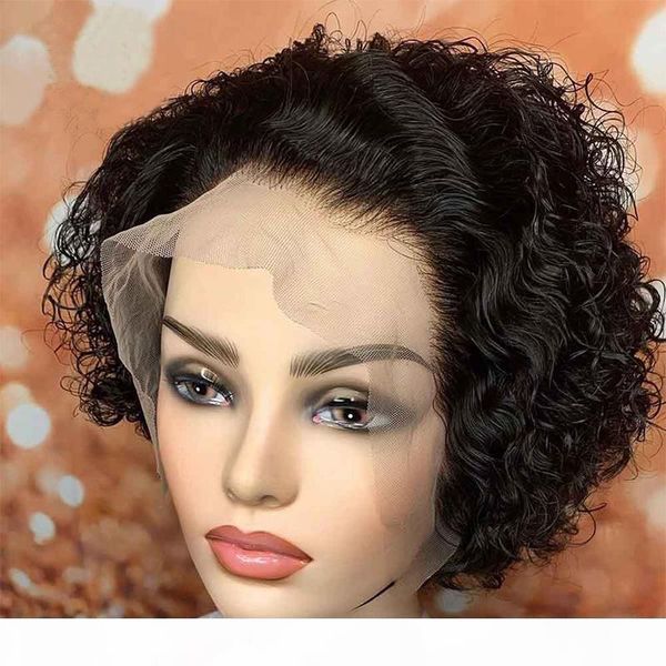 

pixie cut human hair wigs short curly pre plucked bleached knots wigs bob wig lace front human hair wigs 13x4 lace frontal, Black;brown