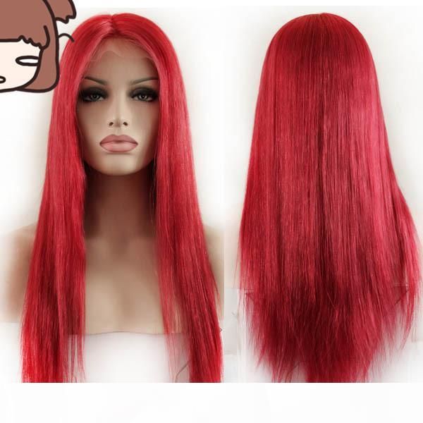 

lady glueless raw virgin remy human hair long red silky straight full lace cap wig for women, Black;brown