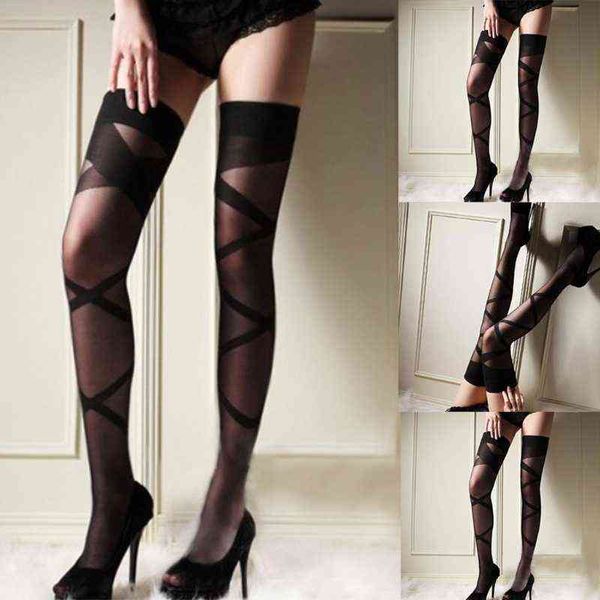

women sheer black thigh high stockings cross striped over knee long socks w220312, Red;black