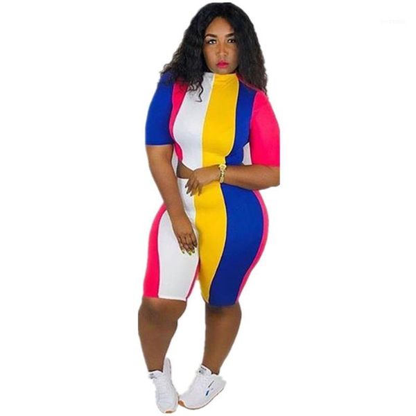

2019 colorful stripe two piece set casual tracksuit women two piece outfit tee bodycon biker shorts matching sets1, White