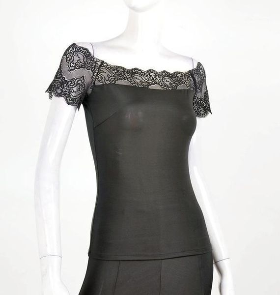 

modern dance big lace collar short lace sleeve blouse modern practice t-shirt t150281, Black;red