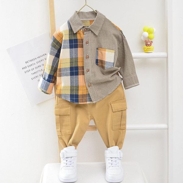 

clothing sets children spring autumn boys cotton plaid long-sleeve blouses shirt pants 2pcs/set infant gentleman kids casual suits1, White