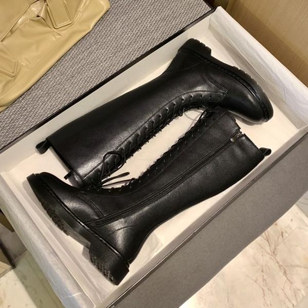 

boots mljuese 2021 women knee-high leather winter short plush brown color lace up round toe low heels high size 40, Black