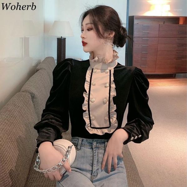 

woherb women blouses 2020 fall clothes vintgae temperament ruffles shirts stand neck chic double-breasted velvet blouse 1, White