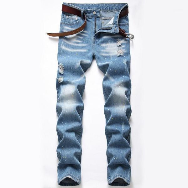

plus size 42 40 2020 new fashion splash ink jeans light blue ripped trend pants mens streetwear joggers casual youthful clothing1