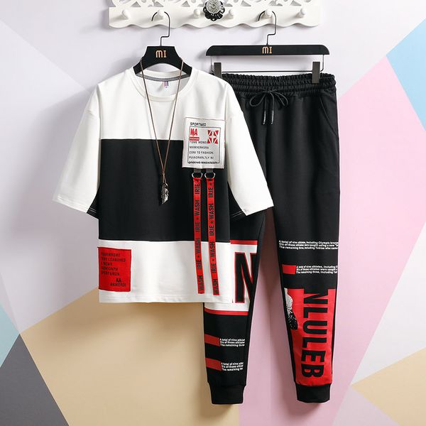 

men's japanese streetwear sets men 2020 patchwork print t-shirt sweatpants men hip hop tracksuit korean clothes male kg-10, Gray