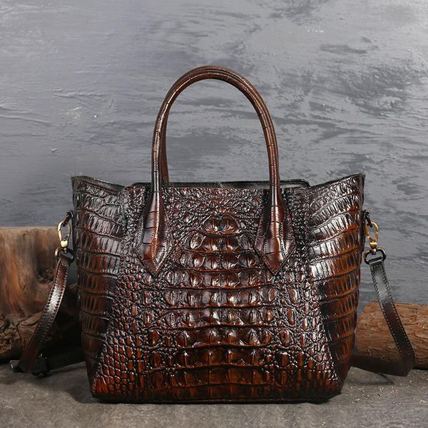 

women oil wax genuine leather shoulder handle bag crocodile pattern luxury ladies messenger cowhide cross body tote handbag