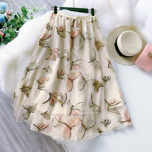 

2021 new embroidery women summer mesh high waist a-line boho skirt casual jupe femme saia o4mv, Black
