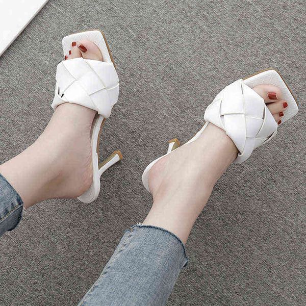

slippers black white weave thin high heels for women outdoor casual summer square toe slides party shoes designer 220308