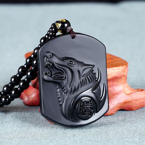 

1 pcs natural obsidian carved totem wolf head shape charms beaded rope pendant necklace for fashion men&women jewelry y200918, Silver