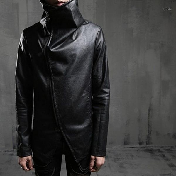 

men's fur & faux vintage mens gothic turtleneck pu leather jacket slim fit punk style outwear coat motorcycle personality windproof jac, Black