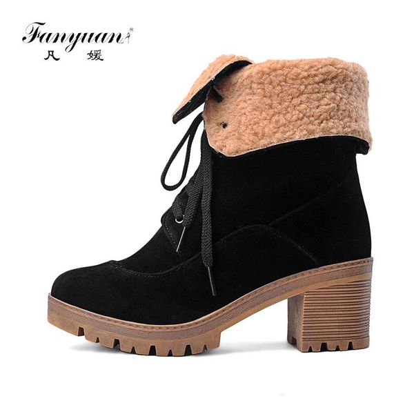 

fanyuan new red women boots lace up solid casual ankle boots martin round toe women shoes winter snow warm british shoes, Black