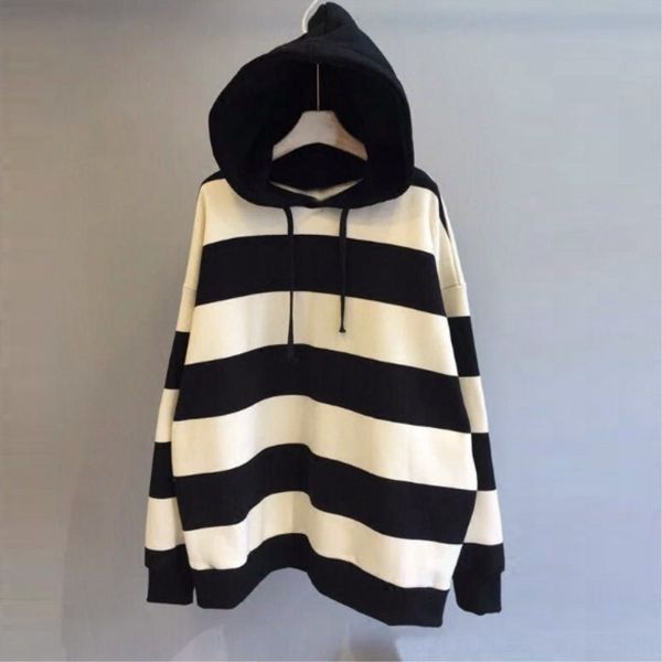 

9ziu9 korean dongdaemun 2020 autumn new sweatersweater hooded loose coat striped versatile student lazy style women's sweater coat wome, Black