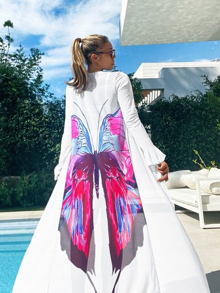 

butterfly print knot front kimono o6h1#, White;black