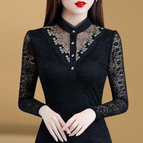 

2021 autumn winter women lace embroidery beading blouse bottoming shirt female long-sleeved hollow out stand-up collar, White