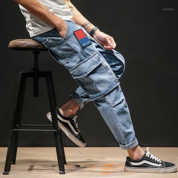 

autumn men pocket streetwear denim pants 2020 mens patchwork cargo jeans male baggy vintage denim trousers1, Blue