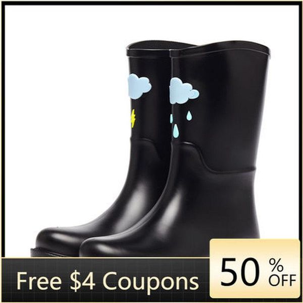 

2020 graffiti pvc platform rain boots ladies rubber boots low heels women slip on flats shoes woman plus size 36-40, Black
