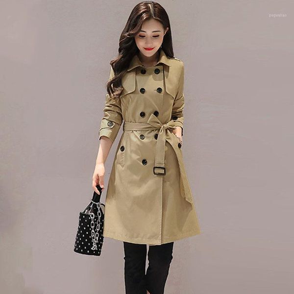 

women's double breasted mid-long straight fit minimalist coat khaki slim belt windbreaker female1, Tan;black