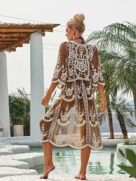 

floral embroidery tie front kimono g36t#, White;black