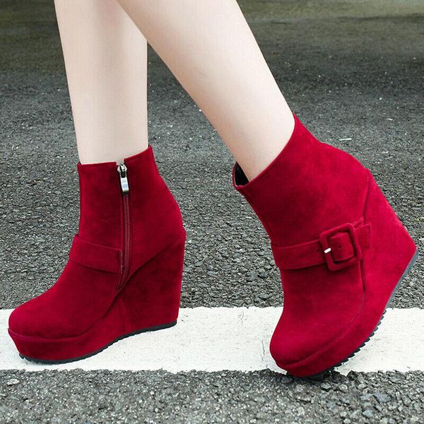 

women's platform punk ankle boots zippper wedge super high heel winter short booties shoes, Black
