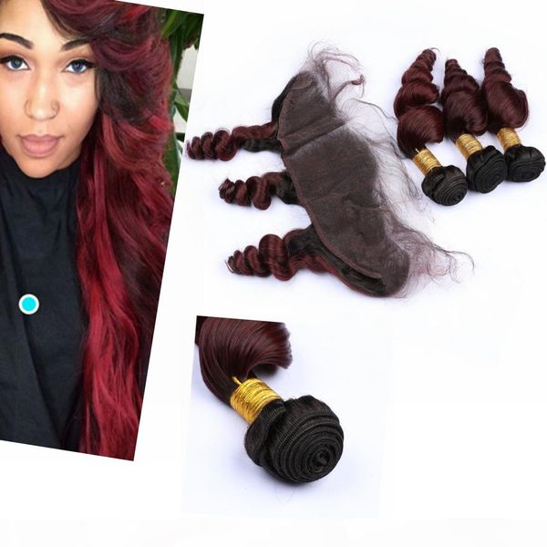 

brazilian virgin ombre hair bundles with closure dark root loose wave virgin ombre hair bundles with frontal closure wet and wavy #1b #99j, Black;brown