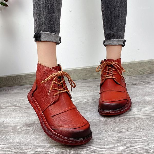 

boots retro ankle for women 2021 warm genuine leather winter woman shoes round toe zip wedges plush handmade platform boots1, Black