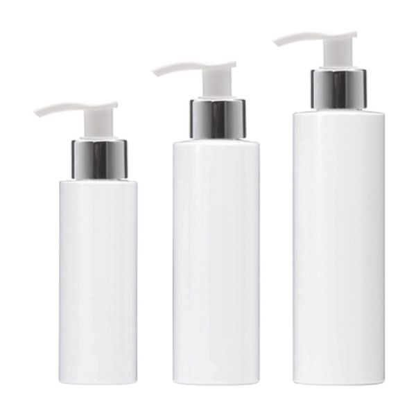 Bottiglia vuota di plastica bianca Forma di colonna circolare PET Colletto in argento lucido Pompa per pressa per lozione Contenitore per imballaggio cosmetico ricaricabile portatile 100 ml 150 ml 200 ml