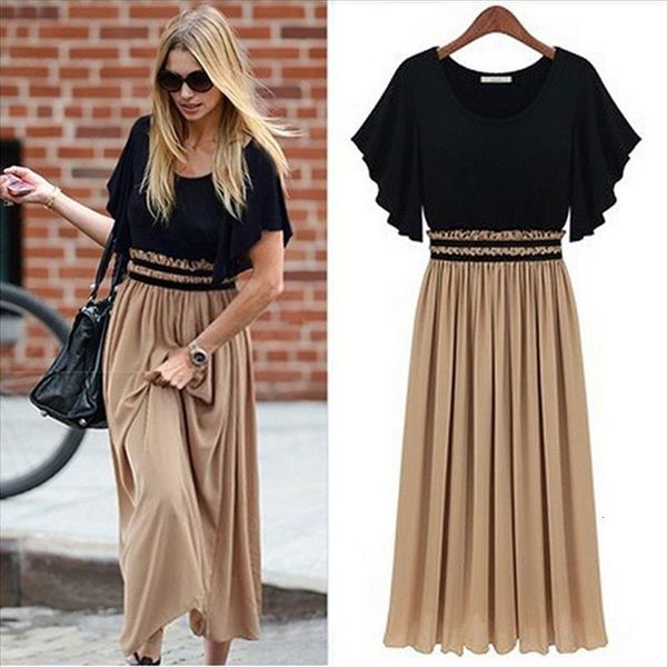 

2020 fashion 2pcs new women summer chiffon office casual high waist ruffles round neck pleated short sleeve long dress set, Black;gray