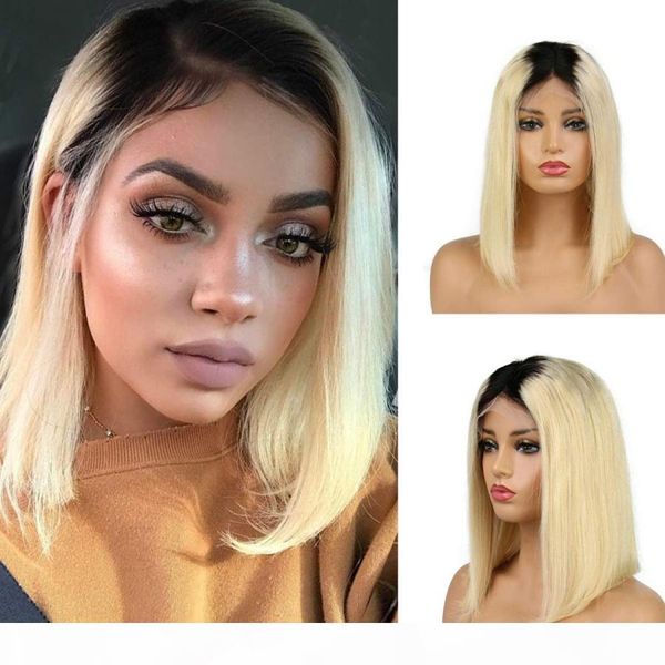 

ash blonde ombre bob wig human hair wigs short straight lace front wig virgin burmese hair full lace wig two tone #1b #613, Black;brown