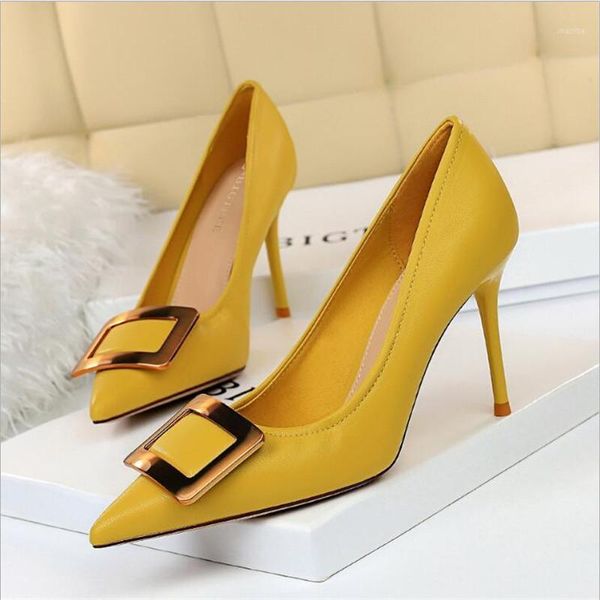 

dress shoes classics brand pumps women high heel office 9cm square buckle drill yellow high-heeled with thin plus siz1, Black