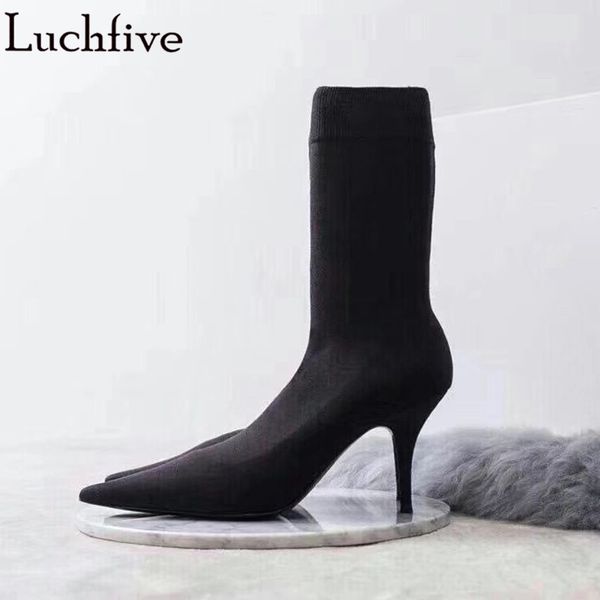 

stretch ткань тощих сапоги заостренных toe партий обувь sexy тонкая высокие каблуки сапоги женщины runway черный носок femme, Black
