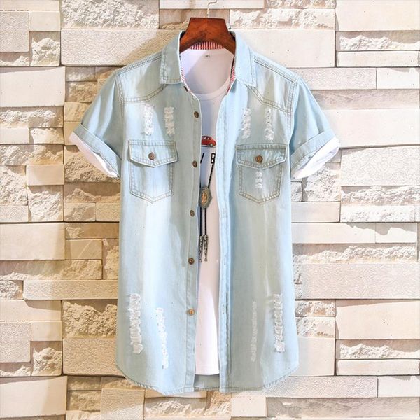 

100% cotton denim shirts men summer light blue casual denim shirts men short sleeve holes jean shirts size 3xl, White;black
