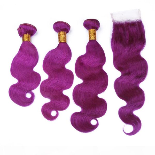 

body wave brazilian purple human hair weave with closure pure purple virgin hair weft extensions 3bundles with front lace closure 4x4, Black;brown