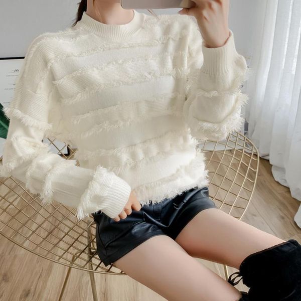 

autumn winter casual fashion tassle sweater long sleeve thick o-neck chic female slim knit lady soft pullovers 2020, White;black