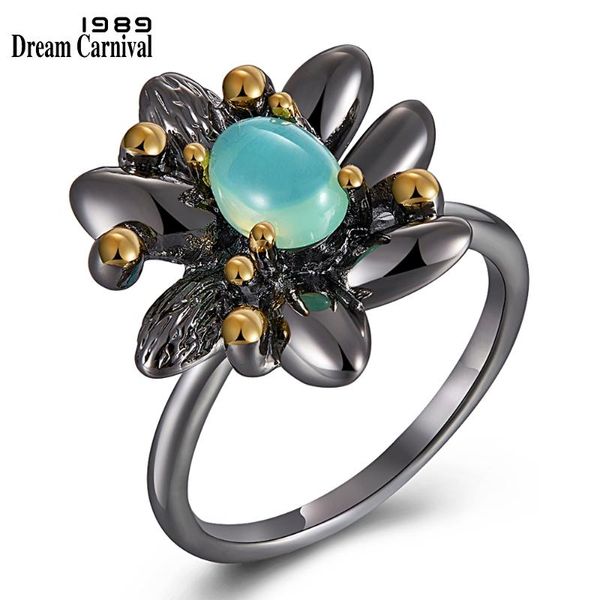 

cluster rings dreamcarnival 1989 women vintage flower engagement wedding ring synthetic blue opal jewelry size 7 8 9 fashion wa11660, Golden;silver