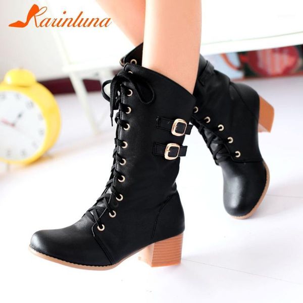 

boots 2021 stylish female shoes leisure round toe cross-tied buckel straps ankel square thick heels big size 431, Black