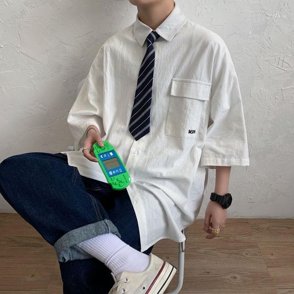 

2020 men's letter embroidered short sleeve shirts loose hawaiian style shirt fashion streetwear camisa masculina -2xl1, White;black
