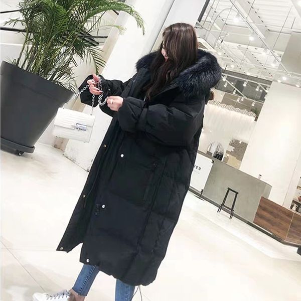 

fmfssom women white duck down jacket ladys hooded fur collar long warm thick jacket female long sleeve parka 201105, Black