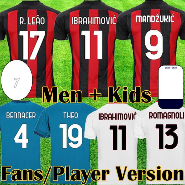 

20 21 ac milan soccer jersey 2020 2021 football shirt kids player version milan bennacer rebic camiseta mandzukic ibrahimovic kits equipment, Black;yellow